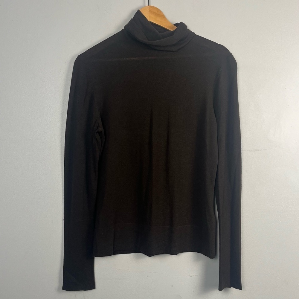 Lafayette 148 Brown 100% wool turtleneck lightweight sweater button detail med